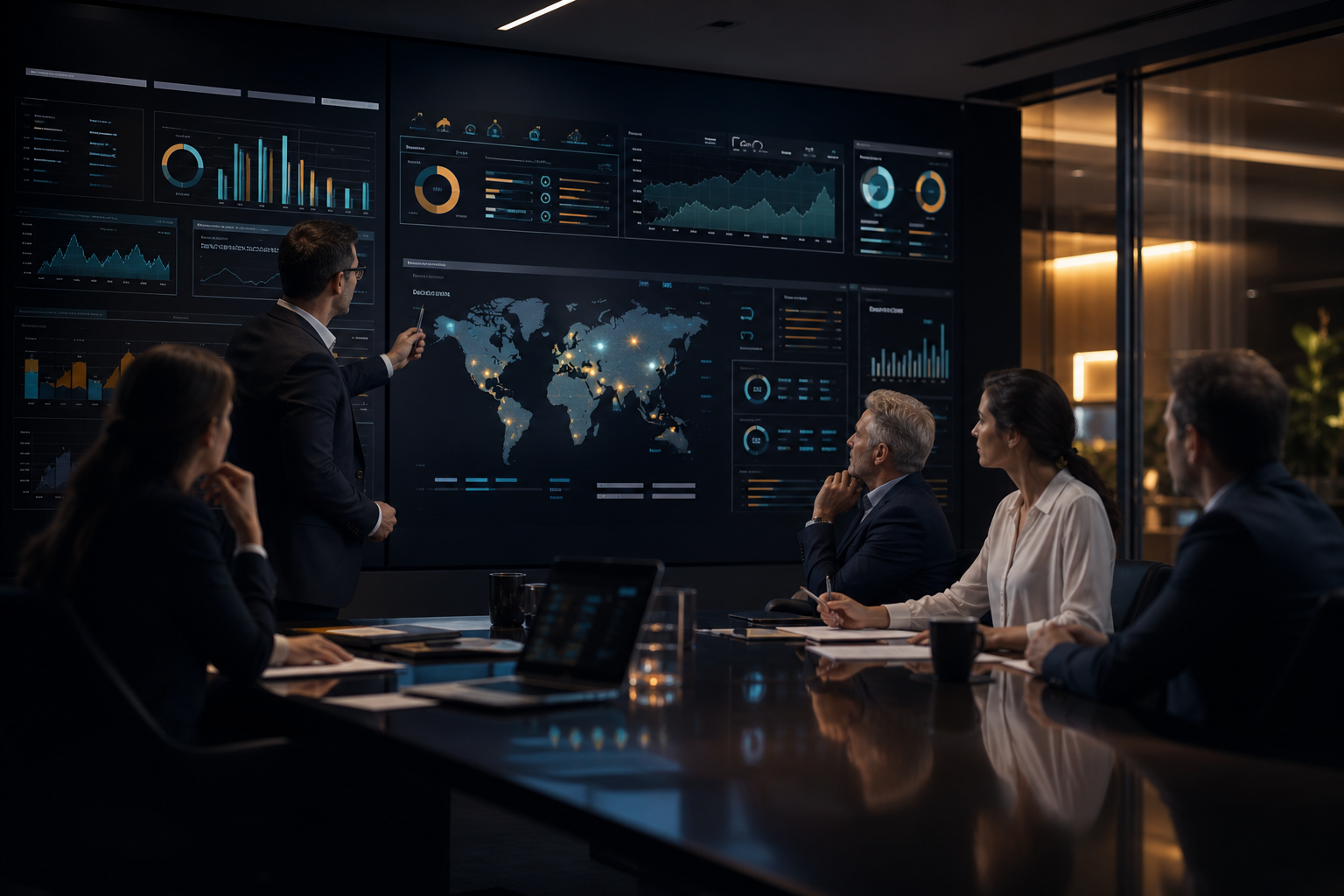 Strategy team reviewing a business analytics dashboard