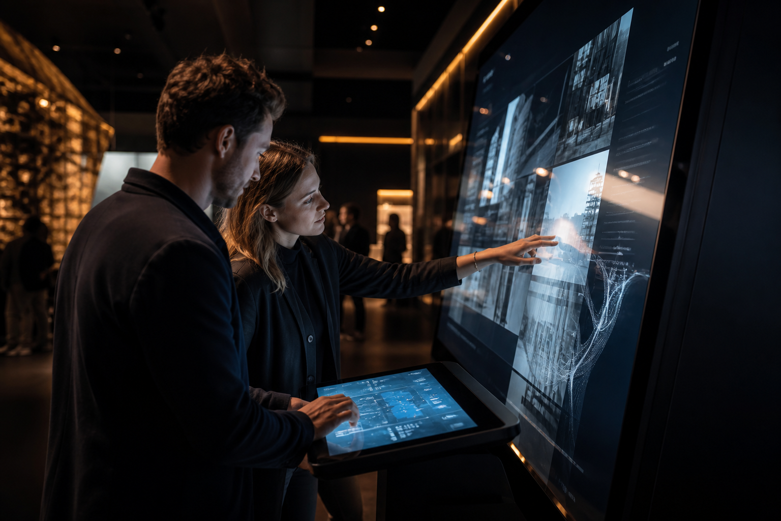 Visitors using an interactive digital installation